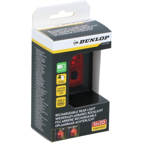 LAMPKA ROWEROWA NA TYŁ LED USB - C Z FUNKCJĄ STOP CERTYFIKAT DUNLOP