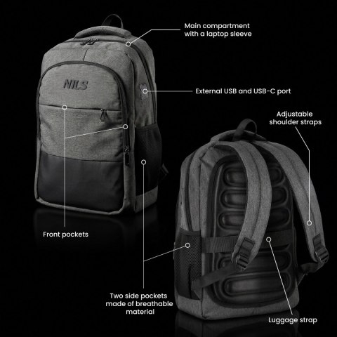 NC4503 PLECAK MIEJSKI Z USB SZARY NILS NILS CAMP